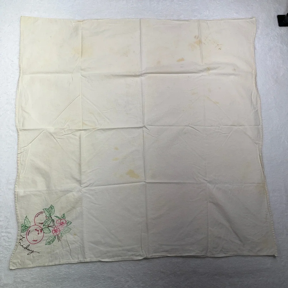 Vintage Tea Towels Days the Week Fruit Hand Embroidered Set of 5 Cream Kitschy